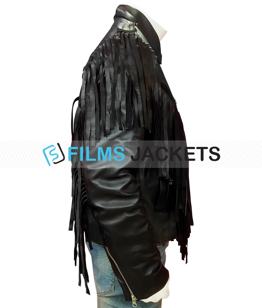 Men's Fringed Biker Beltless Black Leather Jacket Men's Fringed Biker Beltless Black Leather Jacket - Image 3