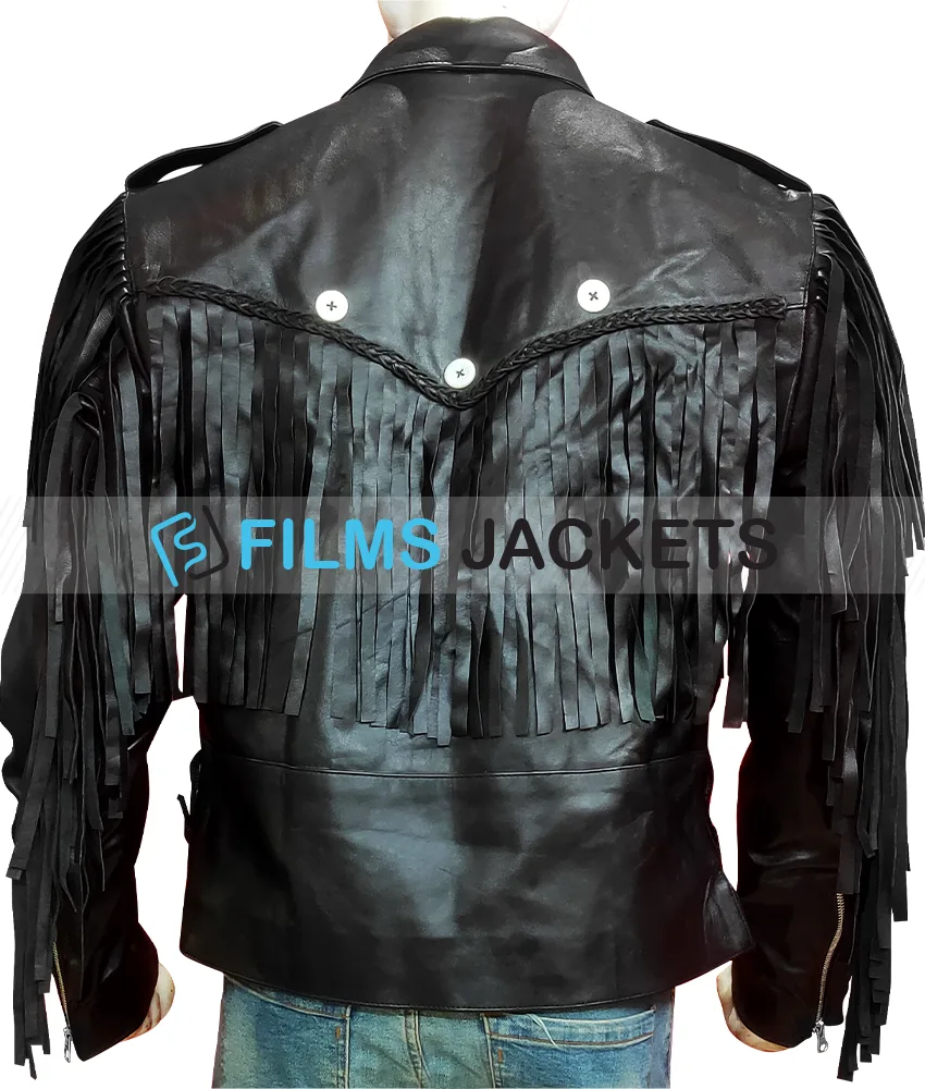 Men's Fringed Biker Beltless Black Leather Jacket Men's Fringed Biker Beltless Black Leather Jacket - Image 2