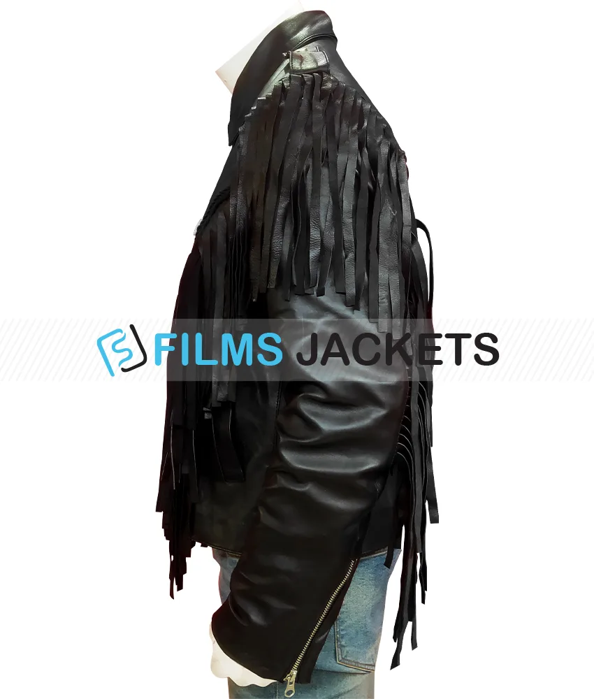 Men's Fringed Biker Beltless Black Leather Jacket Men's Fringed Biker Beltless Black Leather Jacket - Image 4