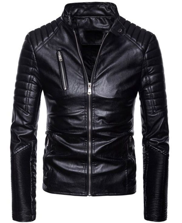 Men's Stand Collar Black Leather Motorcycle Jacket