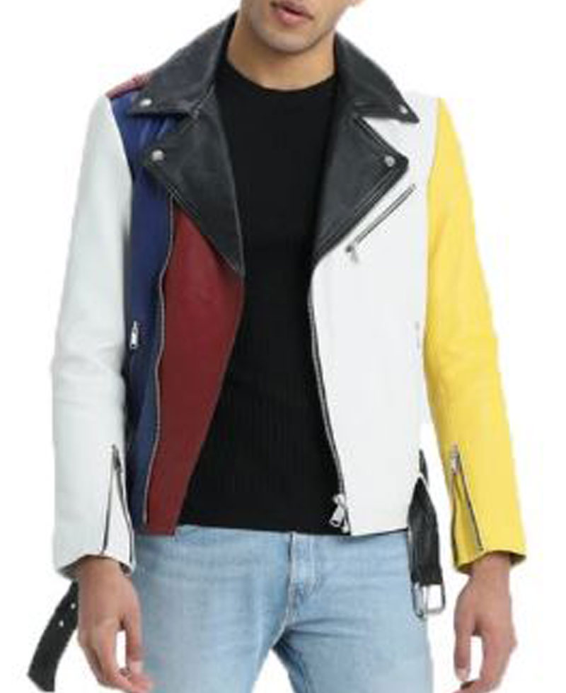 Men's FJM595 Asymmetrical Biker Multi Color Leather Jacket Men's FJM595 Asymmetrical Biker Multi Color Leather Jacket - Image 3