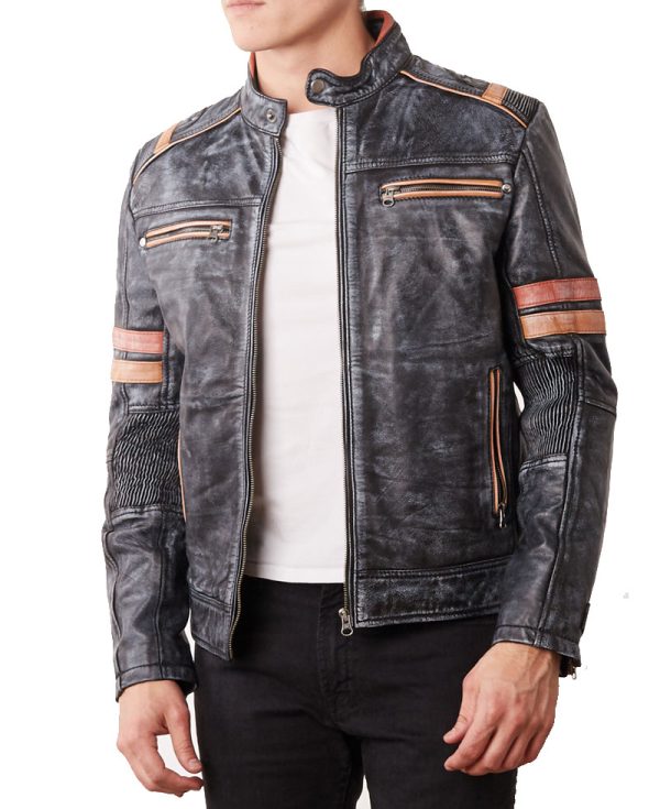 Men's Stonewash Biker Black Leather Jacket