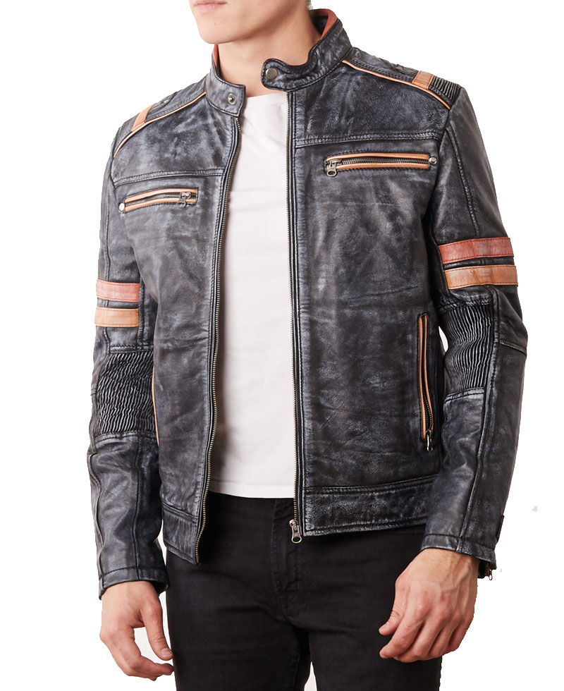 Men's Stonewash Biker Black Leather Jacket