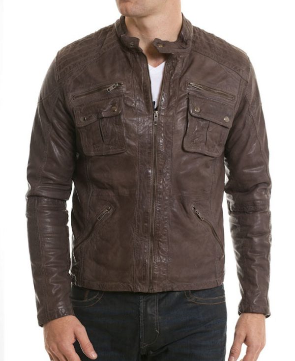 Men's Moto Collar Real Leather Brown Jacket