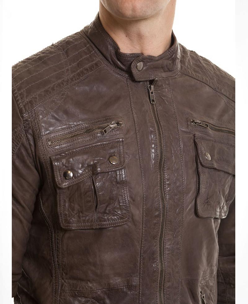 Men's Moto Collar Real Leather Brown Jacket Men's Moto Collar Real Leather Brown Jacket - Image 4