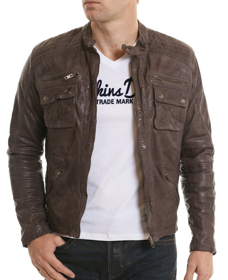Men's Moto Collar Real Leather Brown Jacket Men's Moto Collar Real Leather Brown Jacket - Image 3