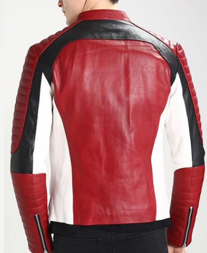 Men's White and Red Leather Motorcycle Jacket Men's White and Red Leather Motorcycle Jacket - Image 2