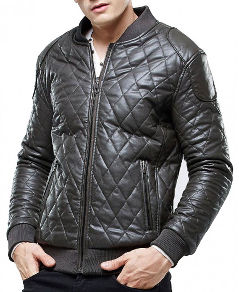 Men's Biker Bomber Grey Quilted Leather Jacket