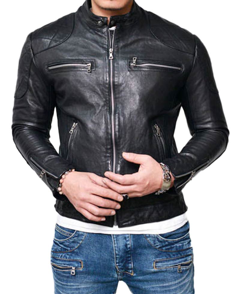 Men's Motorcycle Quilted Shoulder Lambskin Leather Jacket Men's Motorcycle Quilted Shoulder Lambskin Leather Jacket - Image 3