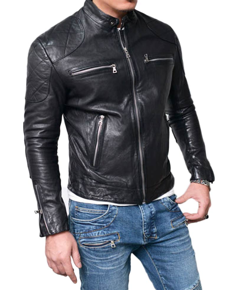 Men's Motorcycle Quilted Shoulder Lambskin Leather Jacket