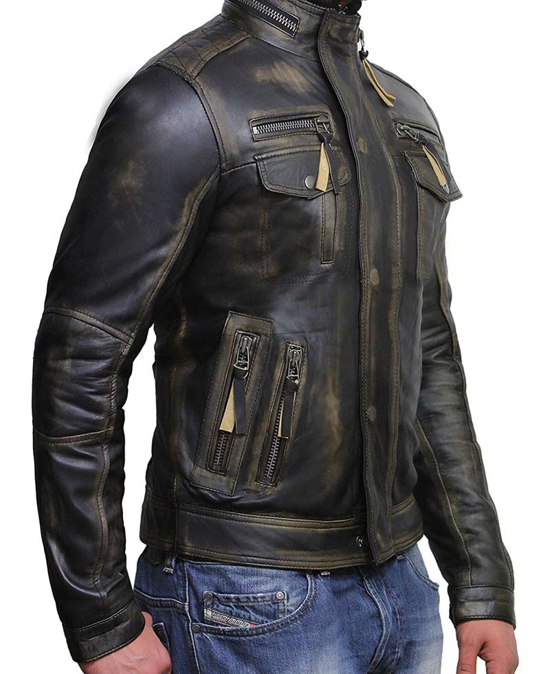 Men's Vintage Biker Style Waxed Black Leather Jacket Men's Vintage Biker Style Waxed Black Leather Jacket - Image 2