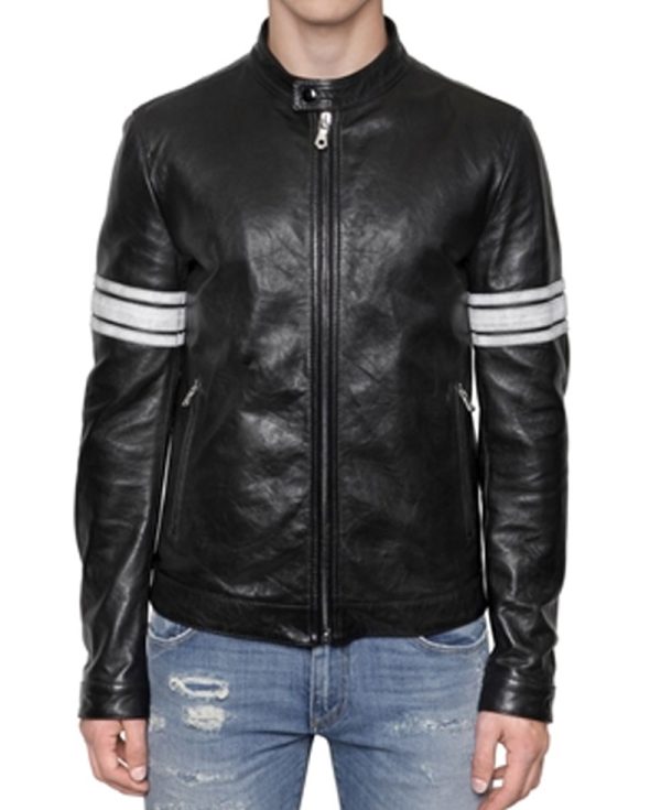 Men's White Striped Black Leather Motorcycle Jacket