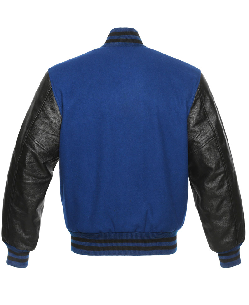Men's Wool Blue and Black Leather Jacket Men's Wool Blue and Black Leather Jacket - Image 2