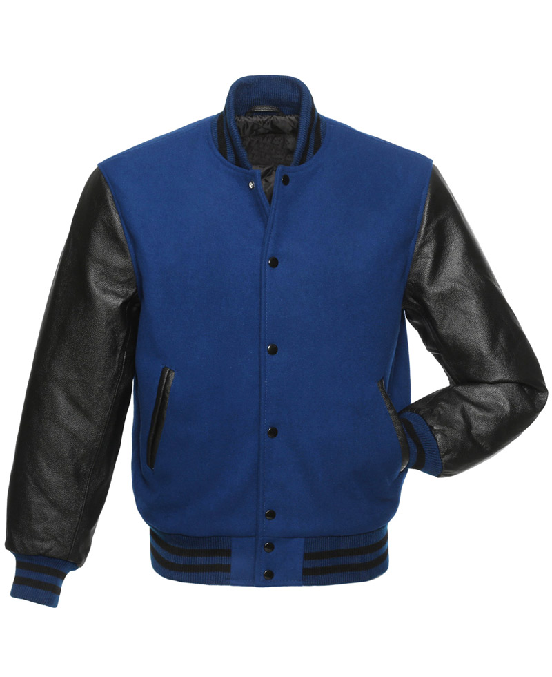 Men's Wool Blue and Black Leather Jacket Men's Wool Blue and Black Leather Jacket - Image 3