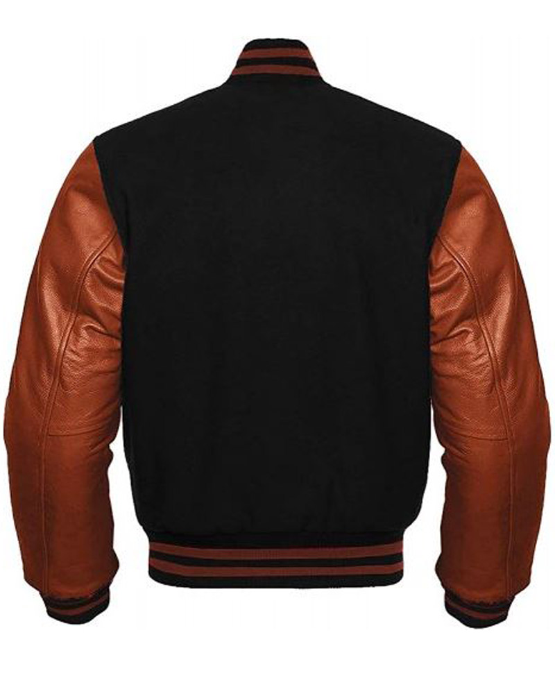 Men's Bomber Varsity Black and Brown Jacket Men's Bomber Varsity Black and Brown Jacket - Image 2