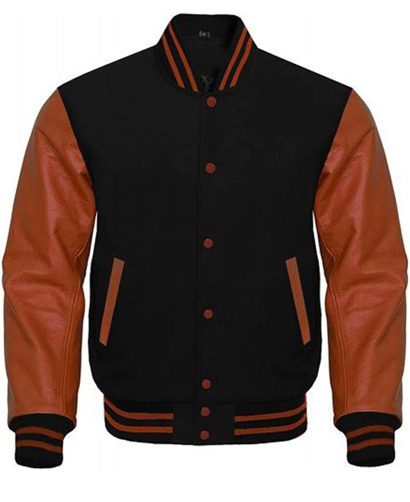 Men's Bomber Varsity Black and Brown Jacket Men's Bomber Varsity Black and Brown Jacket