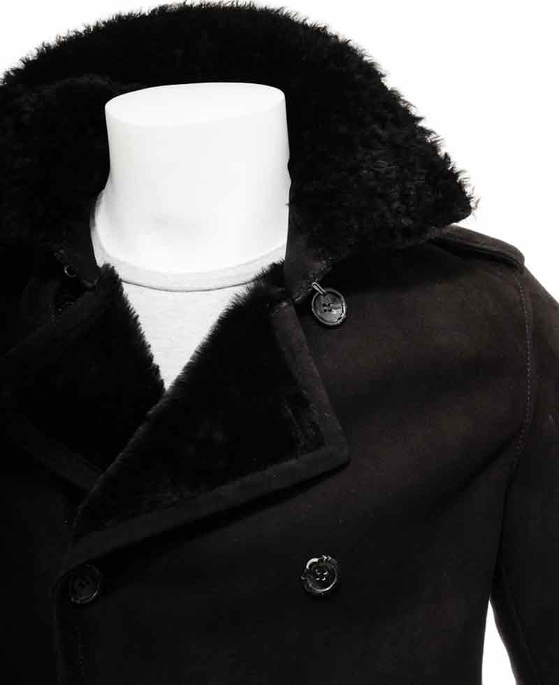 Men's Double Breasted Suede Black Coat Men's Double Breasted Suede Black Coat - Image 2
