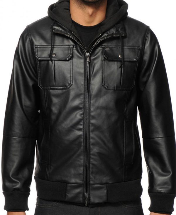 Men's Faux Black Leather Bomber Jacket with Hood