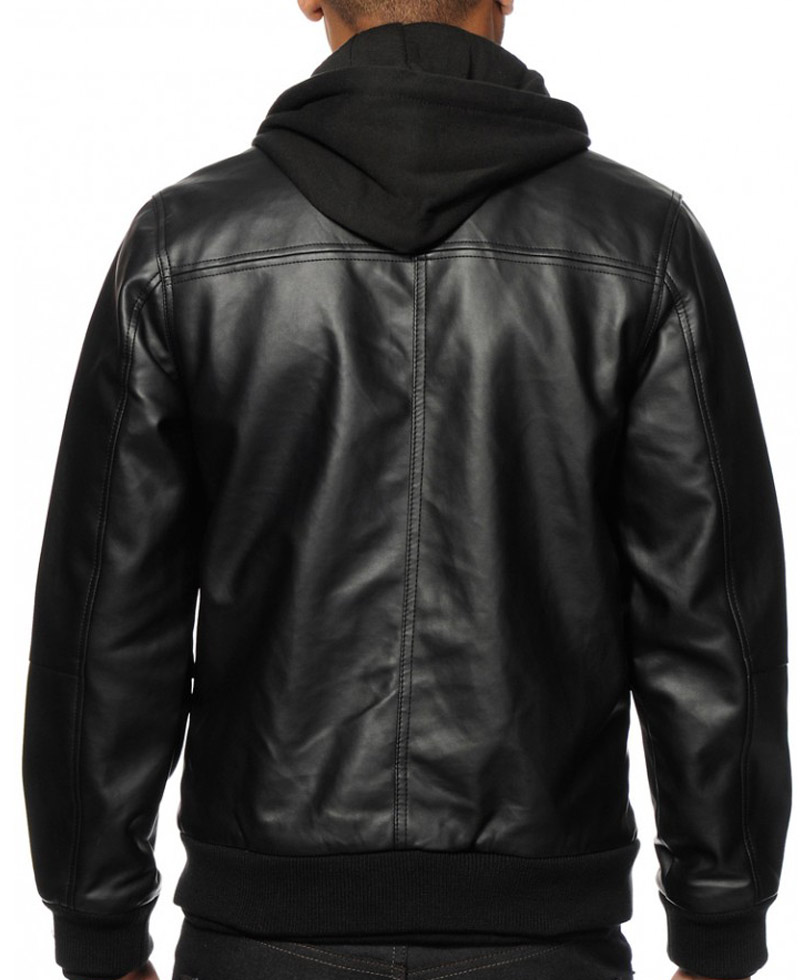 Men's Faux Black Leather Bomber Jacket with Hood Men's Faux Black Leather Bomber Jacket with Hood - Image 2