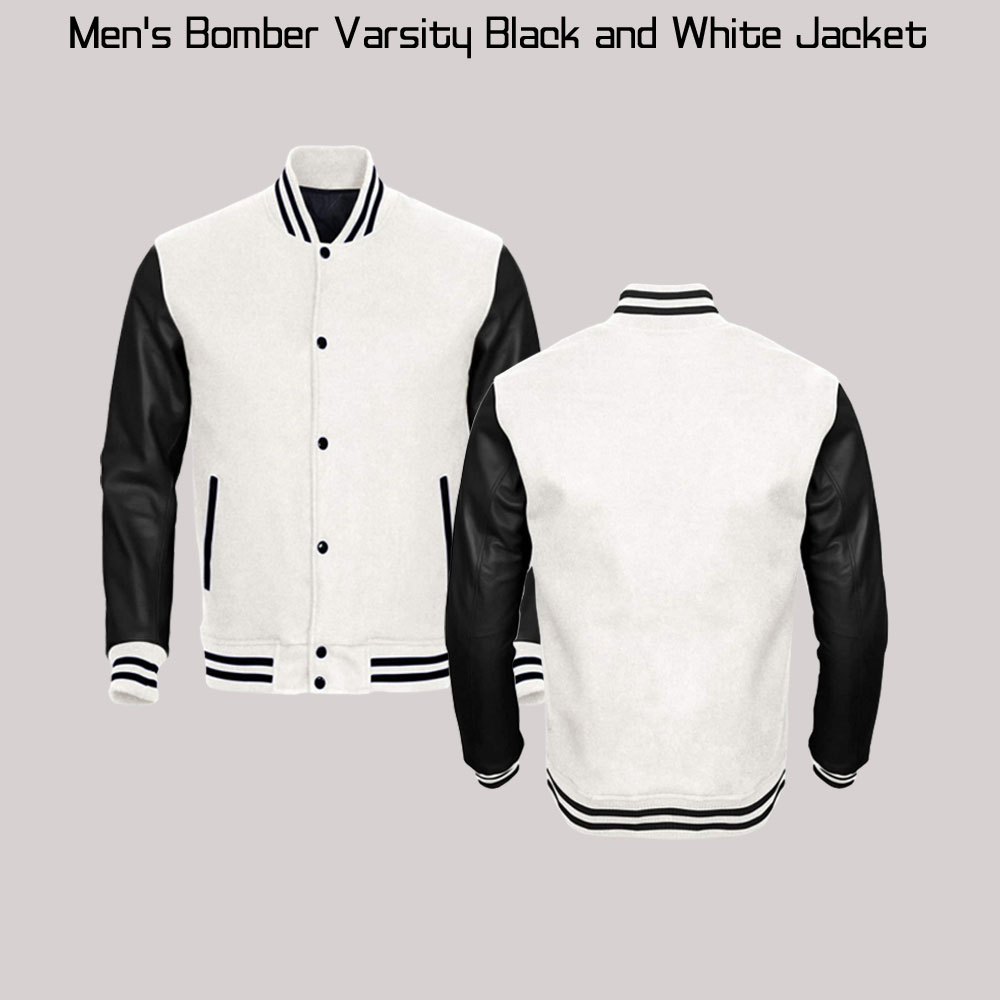 Men's Bomber Varsity Black and White Jacket Men's Bomber Varsity Black and White Jacket - Image 3