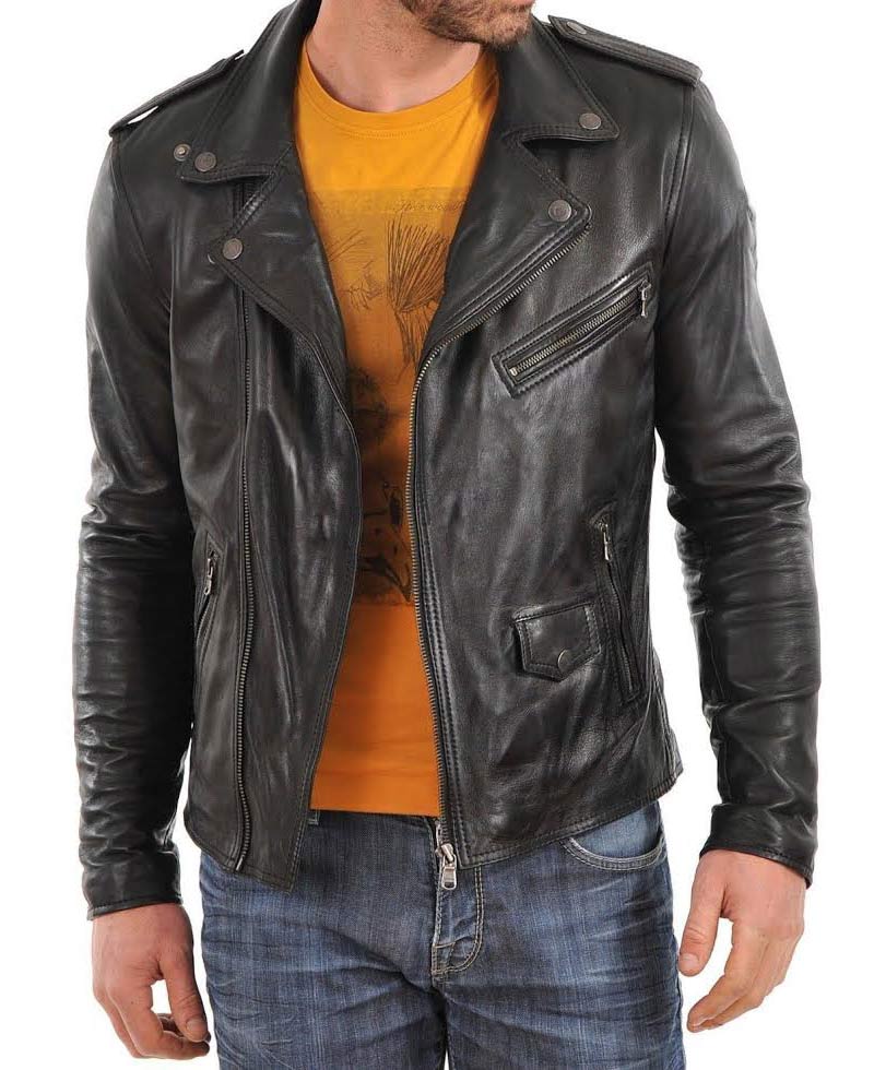 Men's Asymmetrical Zipper Motorcycle Black Leather Jacket Men's Asymmetrical Zipper Motorcycle Black Leather Jacket - Image 2