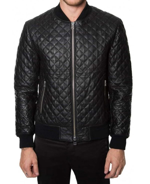 Men's Diamond Quilted Black Leather Bomber Jacket