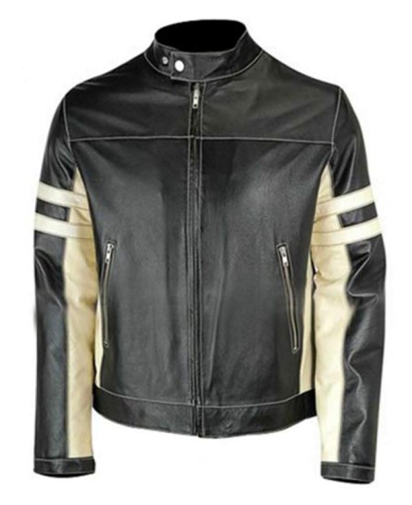 Men's Biker White Striped Black Leather Jacket