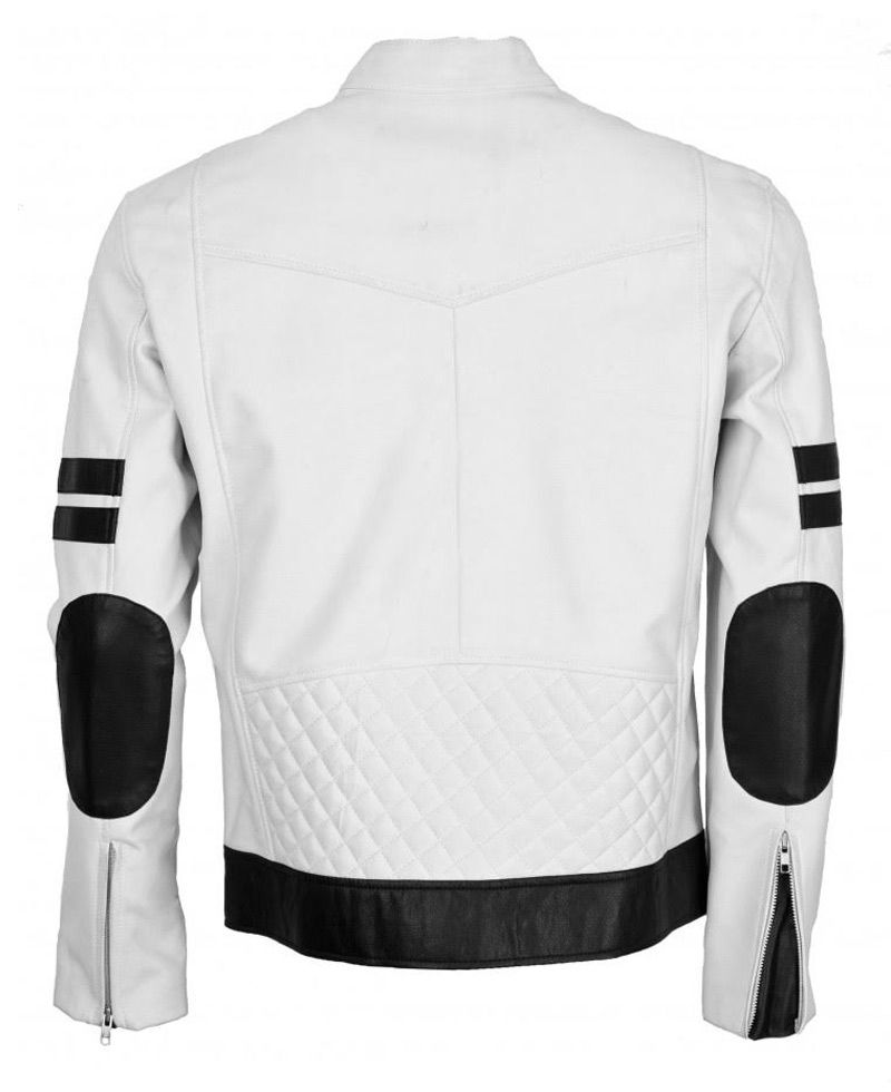 Men's Black Striped Biker Style White Leather Jacket Men's Black Striped Biker Style White Leather Jacket - Image 2