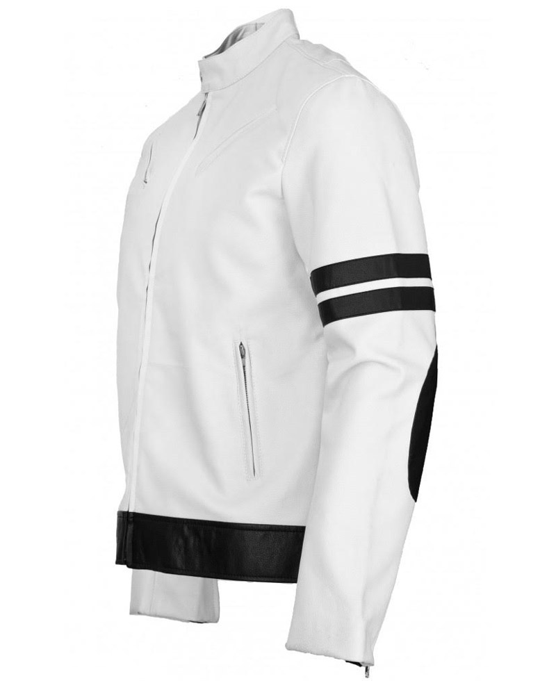 Men's Black Striped Biker Style White Leather Jacket Men's Black Striped Biker Style White Leather Jacket - Image 3