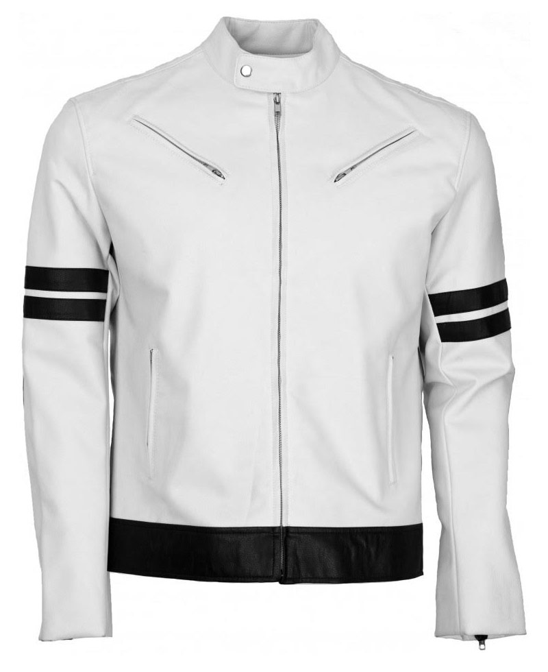 Men's Black Striped Biker Style White Leather Jacket