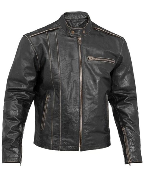 Men's Vintage Distressed Black Leather Biker Jacket