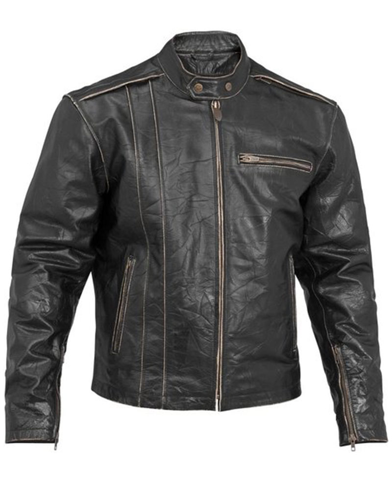 Men's Vintage Distressed Black Leather Biker Jacket