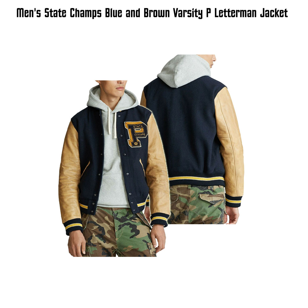 Men's State Champs Navy Blue and Brown Jacket Men's State Champs Navy Blue and Brown Jacket - Image 5