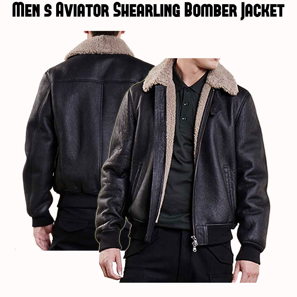 Men's Aviator Black Leather Bomber Jacket Men's Aviator Black Leather Bomber Jacket - Image 9