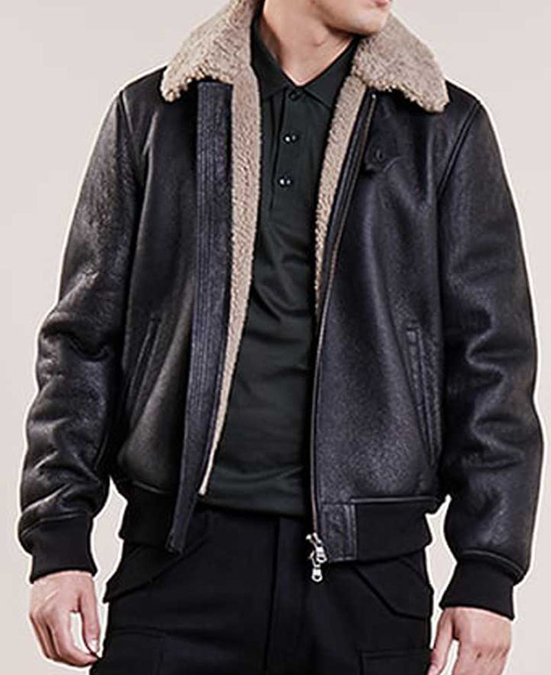 Men's Aviator Black Leather Bomber Jacket Men's Aviator Black Leather Bomber Jacket - Image 3