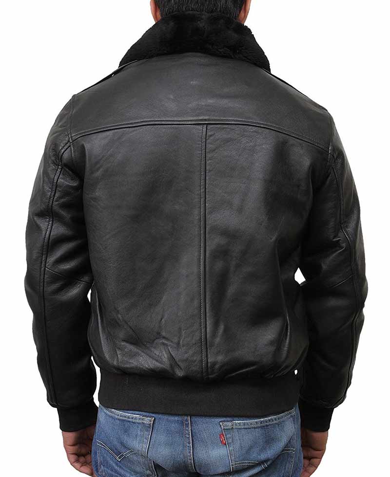 Men's Classic Style Black Leather Bomber Jacket with Fur Collar Men's Classic Style Black Leather Bomber Jacket with Fur Collar - Image 2