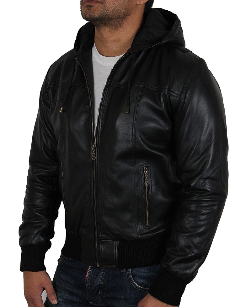 Men's Casual Bomber Black Leather Hooded Jacket Men's Casual Bomber Black Leather Hooded Jacket - Image 3
