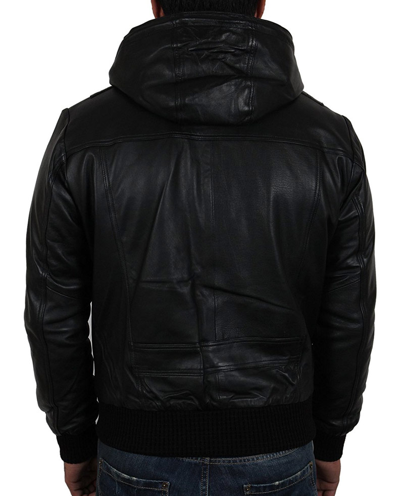 Men's Casual Bomber Black Leather Hooded Jacket Men's Casual Bomber Black Leather Hooded Jacket - Image 2
