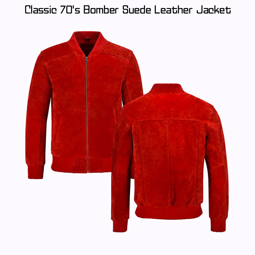 Men's Classic Bomber 70's Suede Red Jacket Men's Classic Bomber 70's Suede Red Jacket - Image 4