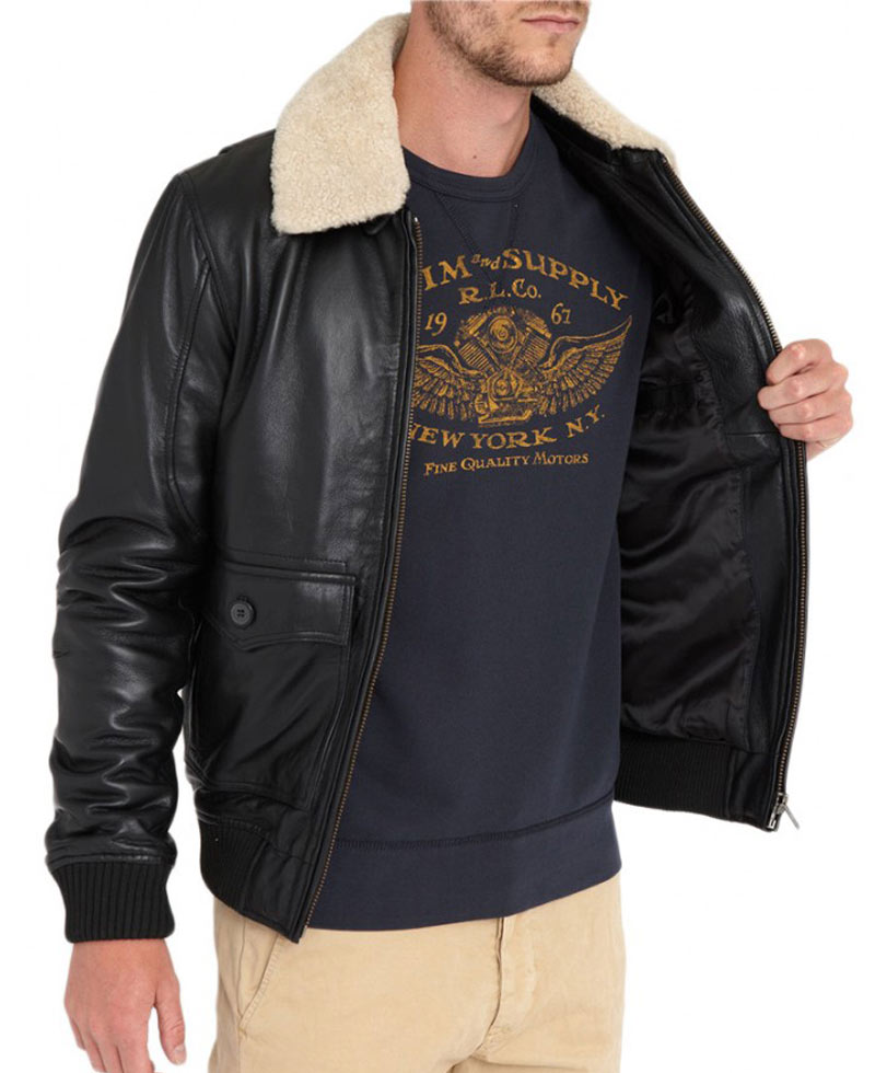 Men's Black Leather Bomber Jacket with Fur Collar Men's Black Leather Bomber Jacket with Fur Collar - Image 3