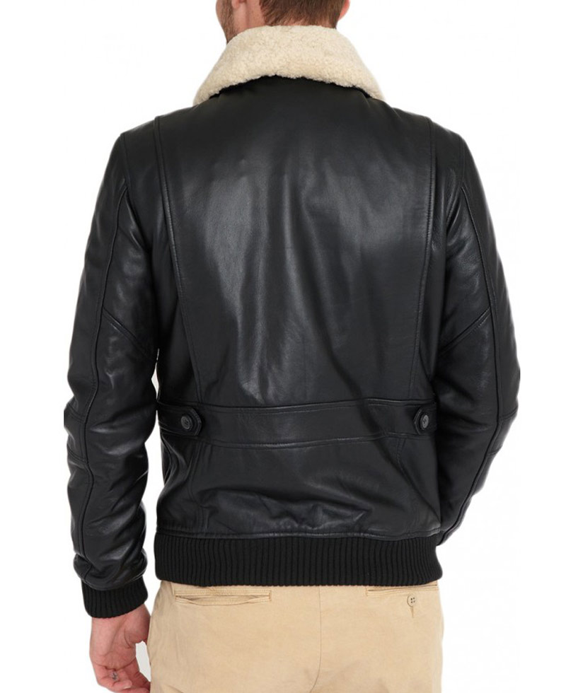Men's Black Leather Bomber Jacket with Fur Collar Men's Black Leather Bomber Jacket with Fur Collar - Image 2