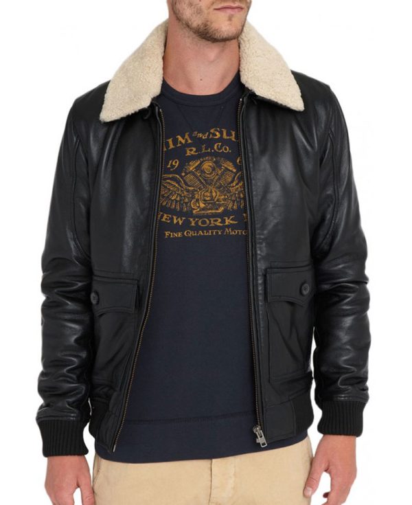 Men's Black Leather Bomber Jacket with Fur Collar