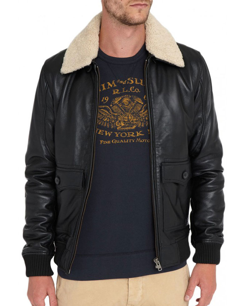 Men's Black Leather Bomber Jacket with Fur Collar