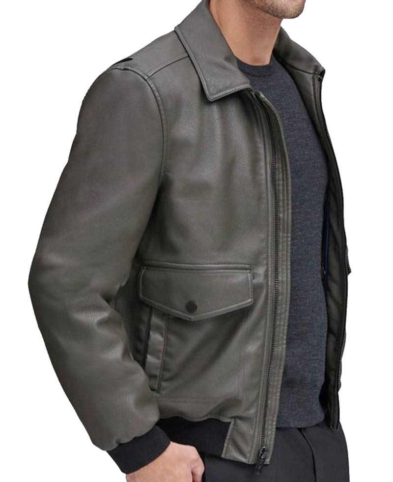 Men's Bomber Flap Pockets Grey Leather Jacket Men's Bomber Flap Pockets Grey Leather Jacket - Image 2