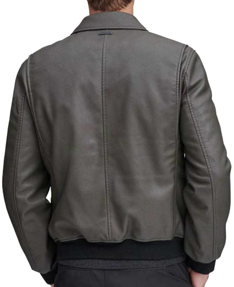 Men's Bomber Flap Pockets Grey Leather Jacket Men's Bomber Flap Pockets Grey Leather Jacket - Image 3