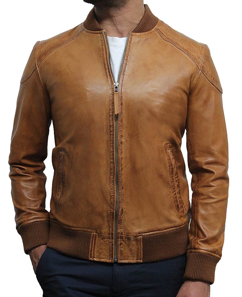 Men's Tan Brown Lambskin Leather Bomber Jacket