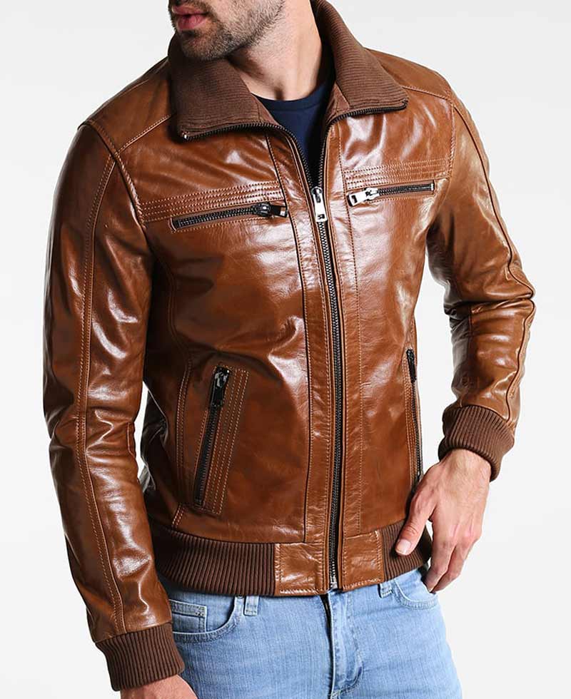Men's Bomber Brown Shiny Leather Jacket