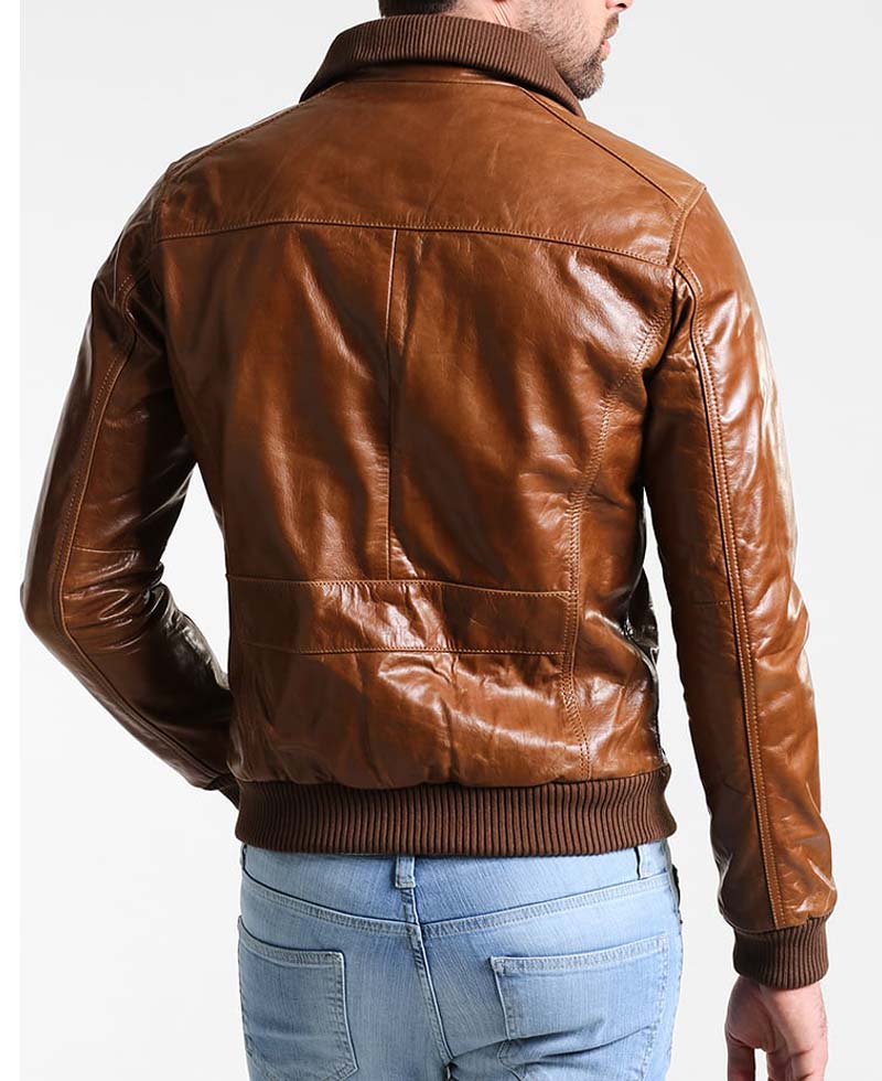 Men's Bomber Brown Shiny Leather Jacket Men's Bomber Brown Shiny Leather Jacket - Image 2