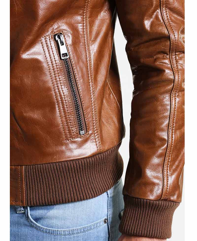 Men's Bomber Brown Shiny Leather Jacket Men's Bomber Brown Shiny Leather Jacket - Image 4