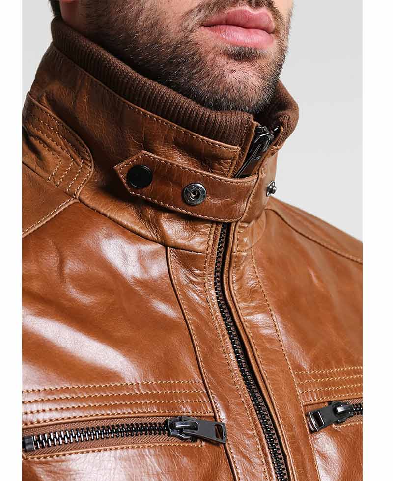 Men's Bomber Brown Shiny Leather Jacket Men's Bomber Brown Shiny Leather Jacket - Image 3